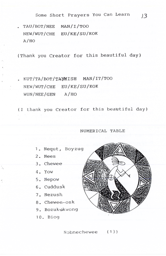 Some Short Prayers You Can Learn )3 . TAU/BOT/NEE MAN/1/TOO NEW/WUT/CHE ~EU/KE/SU/KOK a/H0 (Thank you Creator for this beautiful day) . KUT/TA/BOT/TAYMISH MAN/IT/TOO NEW/WUT/CHE ~EU/KE/SU/KOK WUN/NEE/GEN ~ A/HO (1 thank you Creator for this beautiful day) NUMERICAL TABLE 1. Nequt, Boyzug 2. Nees 3. Chewee 4. Yow 5. Nepow 6. Cuddusk 7. Nezush 8. Chewee-osk 9. Bozukukwong 10. Biog Nobnechewee (13)